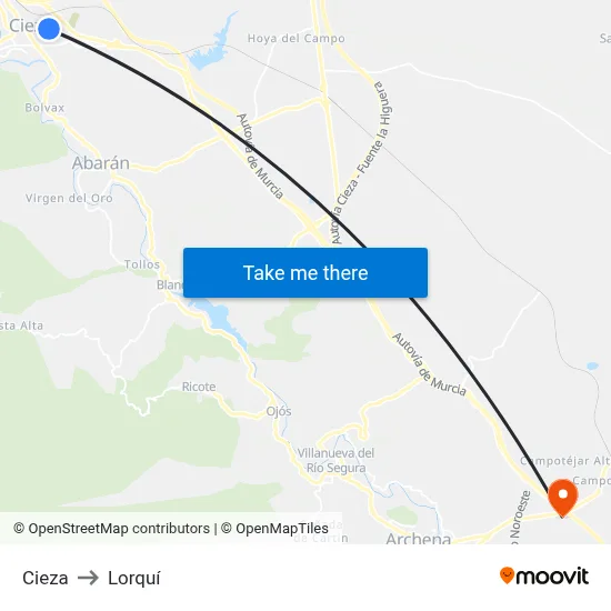 Cieza to Lorquí map