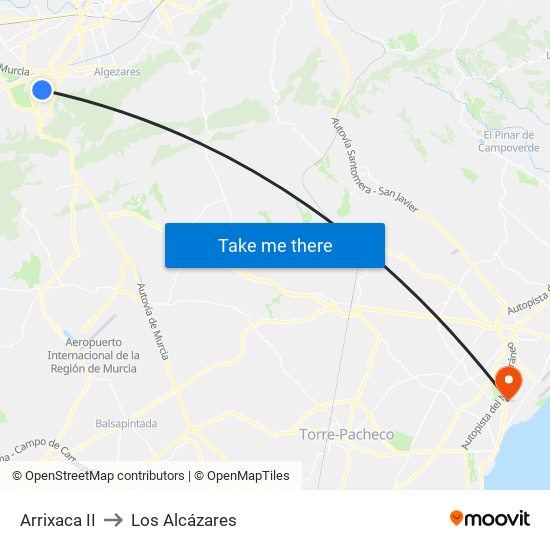 Arrixaca II to Los Alcázares map