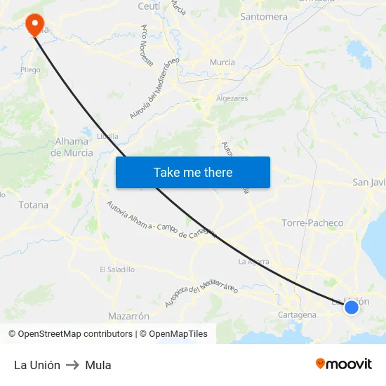 La Unión to Mula map