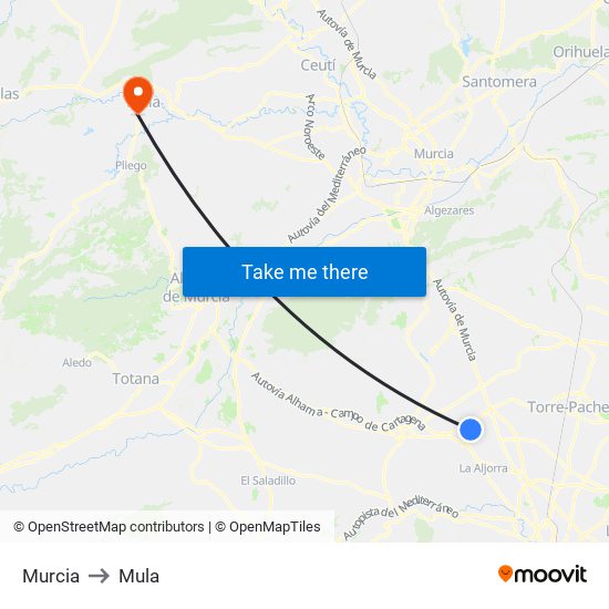 Murcia to Mula map
