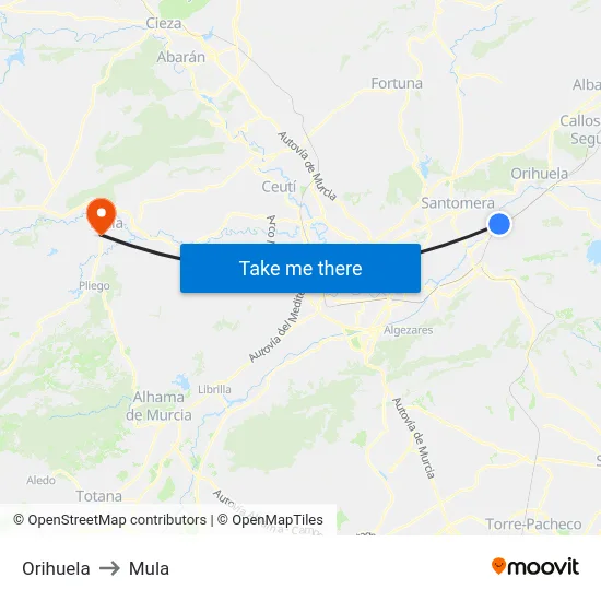Orihuela to Mula map