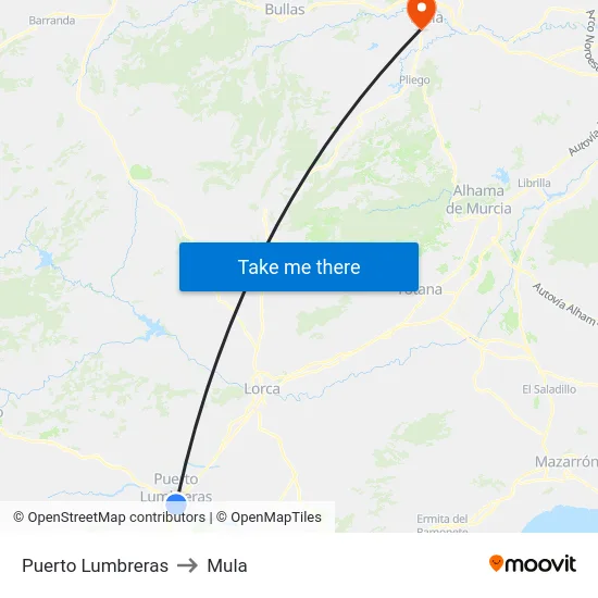 Puerto Lumbreras to Mula map
