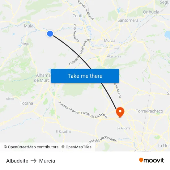 Albudeite to Murcia map