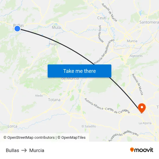 Bullas to Murcia map