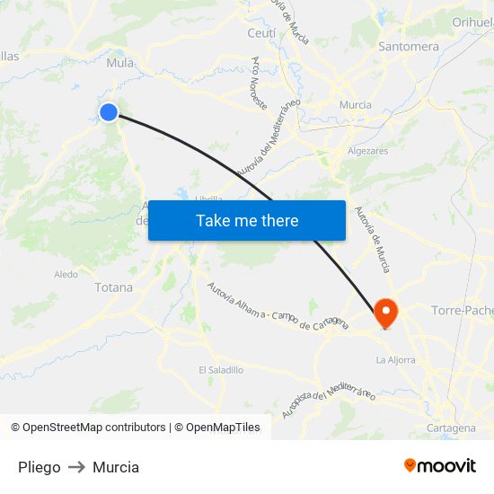 Pliego to Murcia map