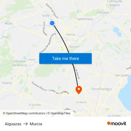 Alguazas to Murcia map