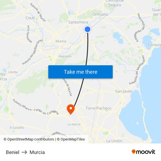Beniel to Murcia map