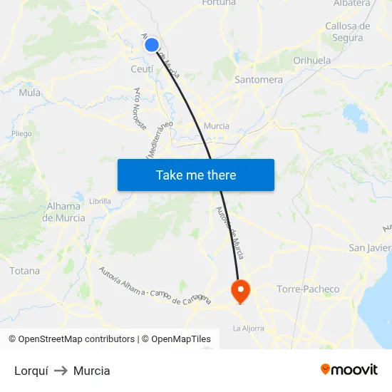 Lorquí to Murcia map