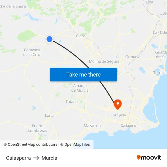 Calasparra to Murcia map