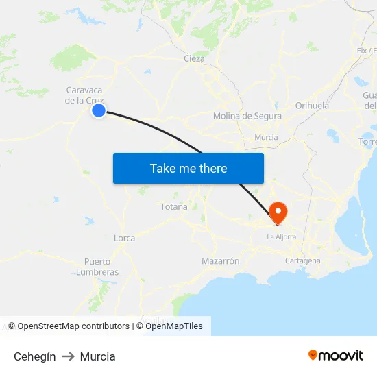 Cehegín to Murcia map