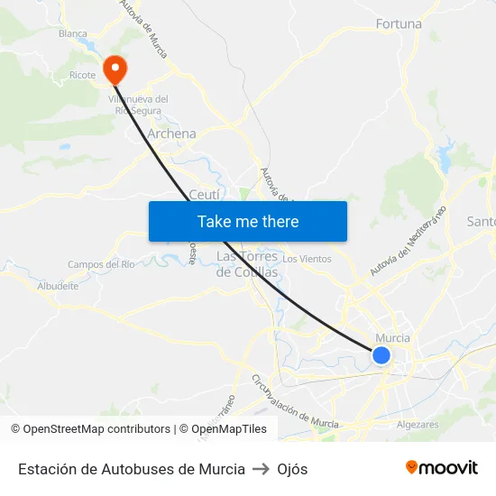 Estación de Autobuses de Murcia to Ojós map