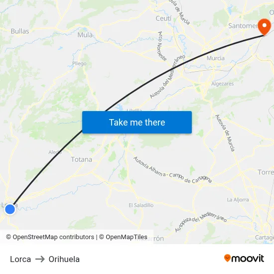 Lorca to Orihuela map