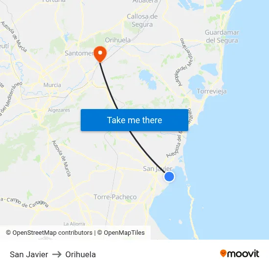 San Javier to Orihuela map
