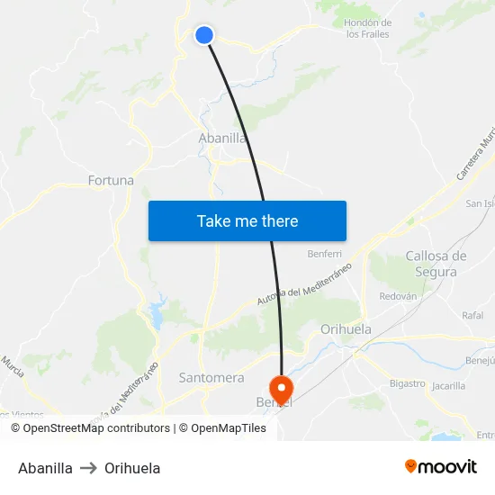 Abanilla to Orihuela map
