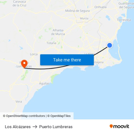 Los Alcázares to Puerto Lumbreras map