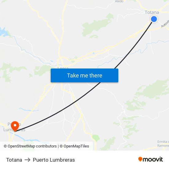 Totana to Puerto Lumbreras map