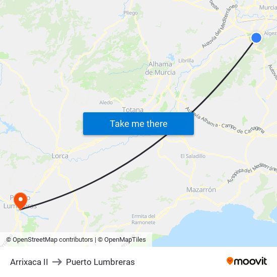 Arrixaca II to Puerto Lumbreras map