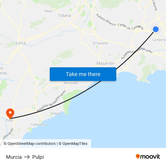 Murcia to Pulpí map