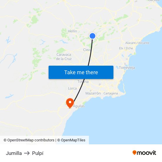 Jumilla to Pulpí map