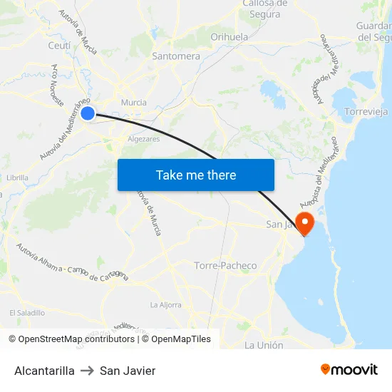 Alcantarilla to San Javier map