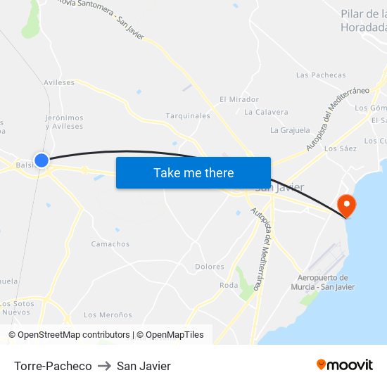 Torre-Pacheco to San Javier map