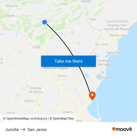 Jumilla to San Javier map