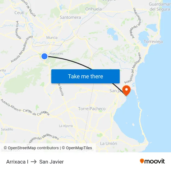 Arrixaca I to San Javier map