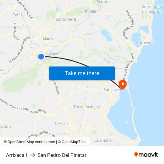 Arrixaca I to San Pedro Del Pinatar map