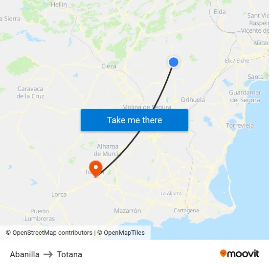 Abanilla to Totana map
