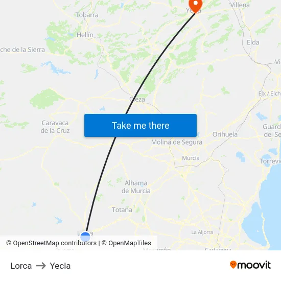 Lorca to Yecla map