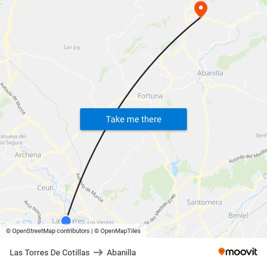 Las Torres De Cotillas to Abanilla map