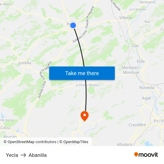 Yecla to Abanilla map