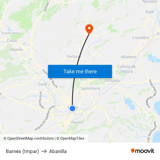 Barnés (Impar) to Abanilla map