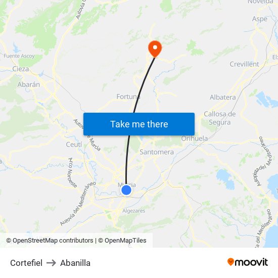 Cortefiel to Abanilla map