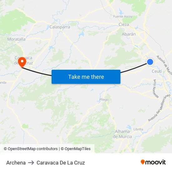 Archena to Caravaca De La Cruz map