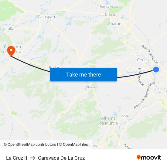 La Cruz II to Caravaca De La Cruz map