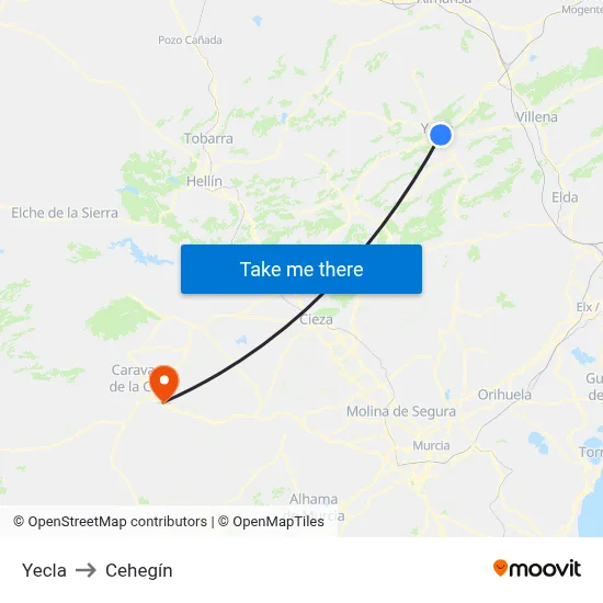 Yecla to Cehegín map