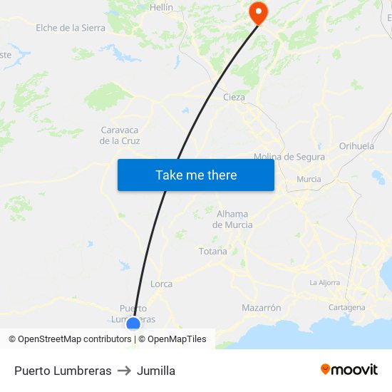 Puerto Lumbreras to Jumilla map