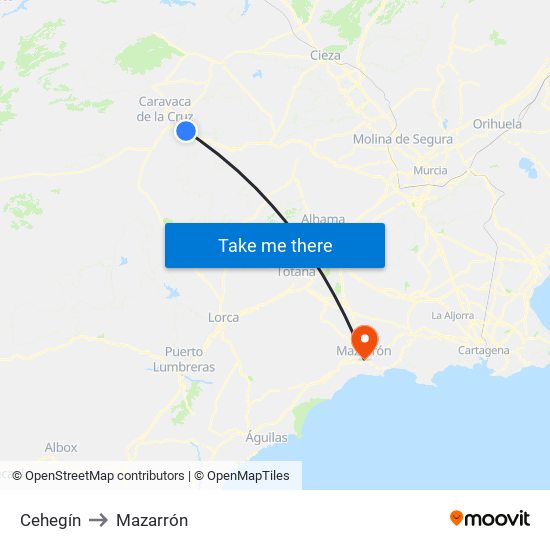 Cehegín to Mazarrón map