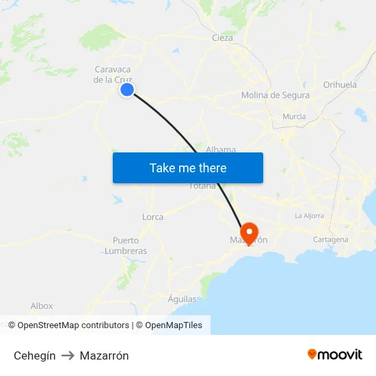 Cehegín to Mazarrón map