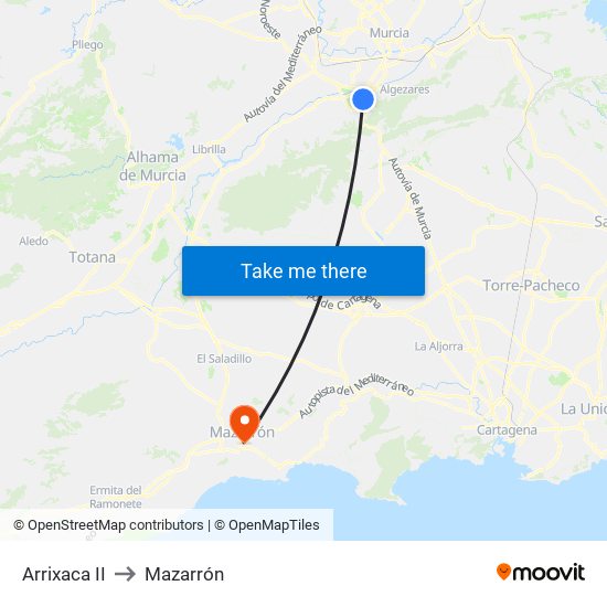 Arrixaca II to Mazarrón map
