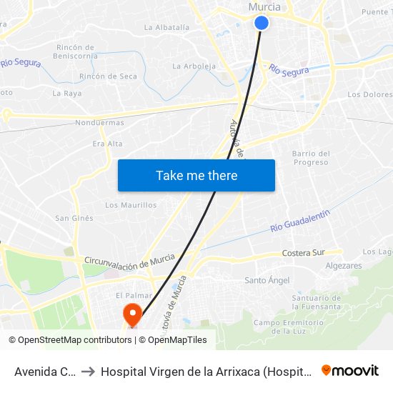 Avenida Constitución, 8 to Hospital Virgen de la Arrixaca (Hospital Clínico Universitario Virgen de la Arrixaca) map