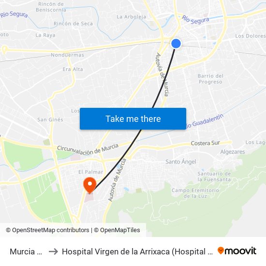Murcia Del Carmen to Hospital Virgen de la Arrixaca (Hospital Clínico Universitario Virgen de la Arrixaca) map