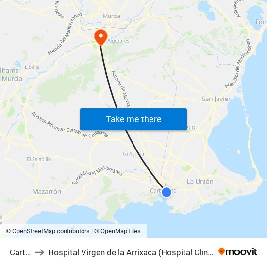 Cartagena to Hospital Virgen de la Arrixaca (Hospital Clínico Universitario Virgen de la Arrixaca) map
