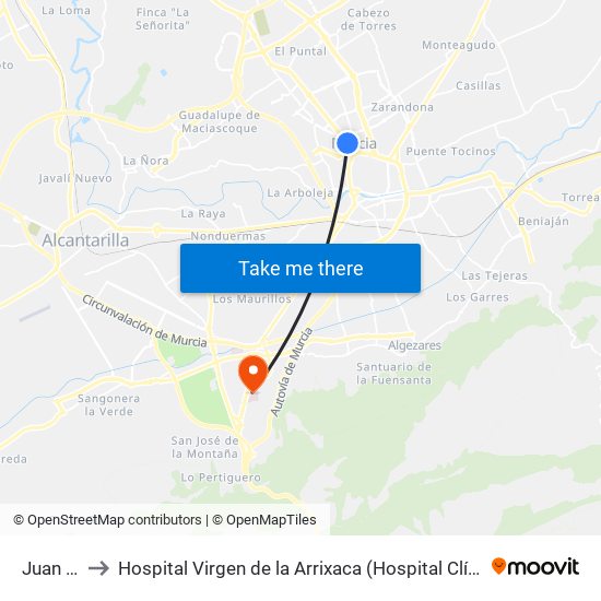 Juan Carlos I to Hospital Virgen de la Arrixaca (Hospital Clínico Universitario Virgen de la Arrixaca) map