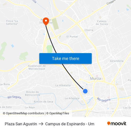 Plaza San Agustín to Campus de Espinardo - Um map