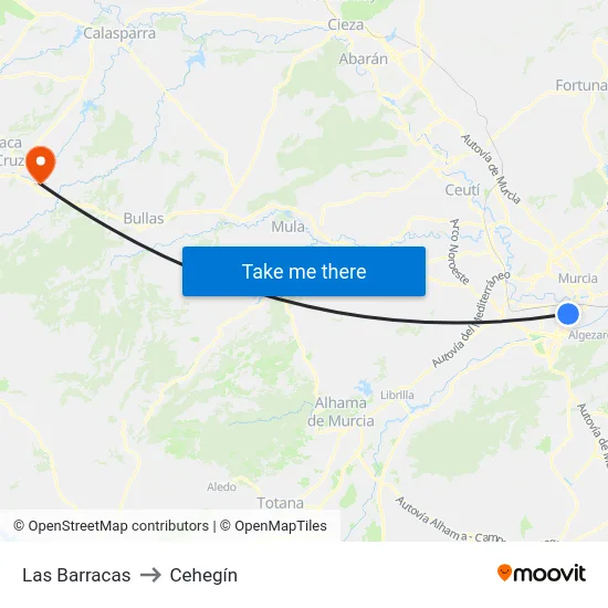 Las Barracas to Cehegín map