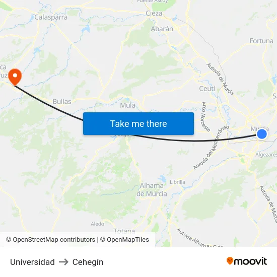 Universidad to Cehegín map