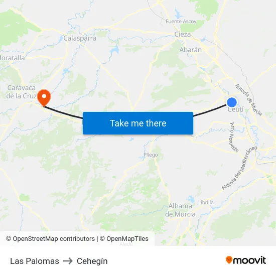 Las Palomas to Cehegín map