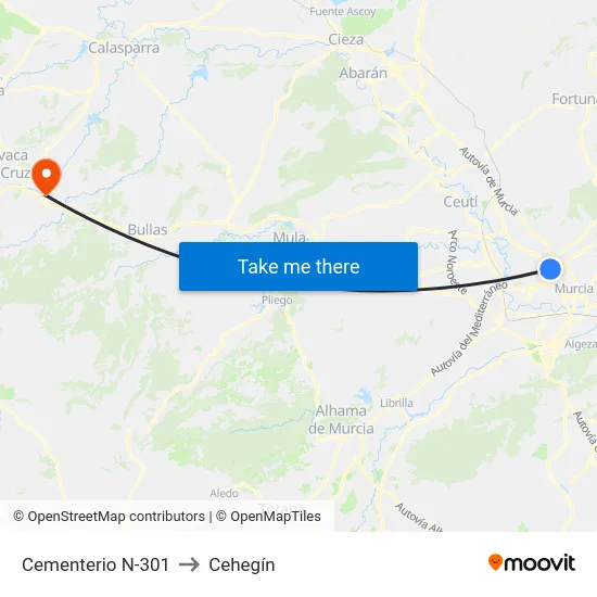 Cementerio N-301 to Cehegín map